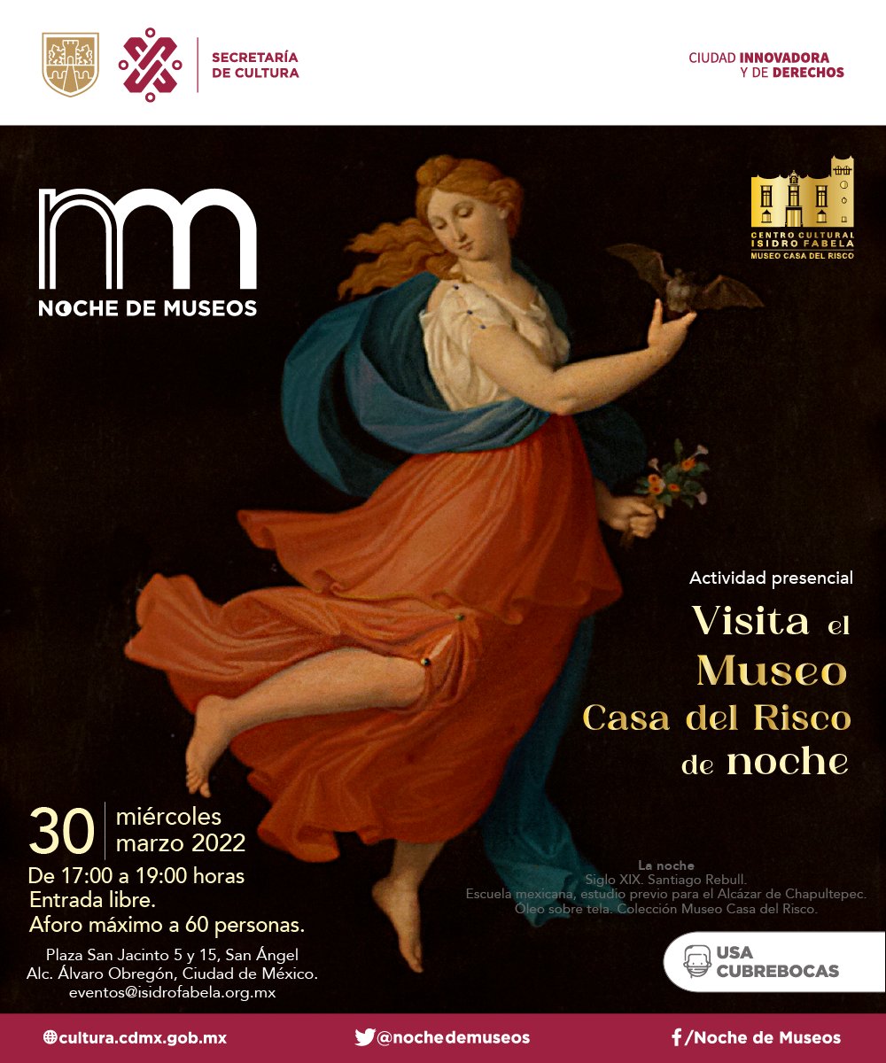 El museo de la <a href="/CasadelRisco/">Museo Casa del Risco</a>  cuenta con una gran colección de arte que se podrá visitar en esta tercera edición de #NocheDeMuseos.

30/03
17:00 a 19:00 H
Presencial
60 personas
E. Libre
Plaza San Jacinto 5 y 15, San Ángel

Info: 
eventos@isidrofabela.org.mx