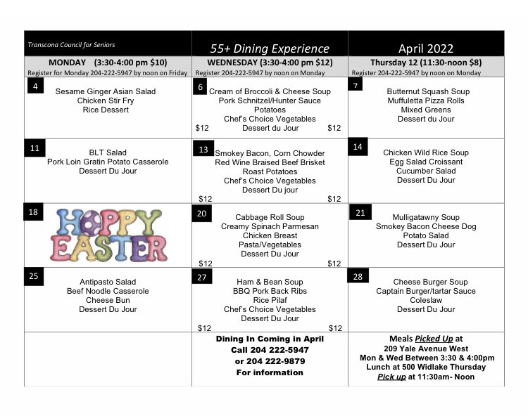TransconaSenior's tweet photo. April showers and showers of great meals.  The prospect of Dinning together again makes me so happy!  Contact 204 222-9879 and speak to Colleen regarding our plans for meeting in person. https://t.co/tZqPkprG2w