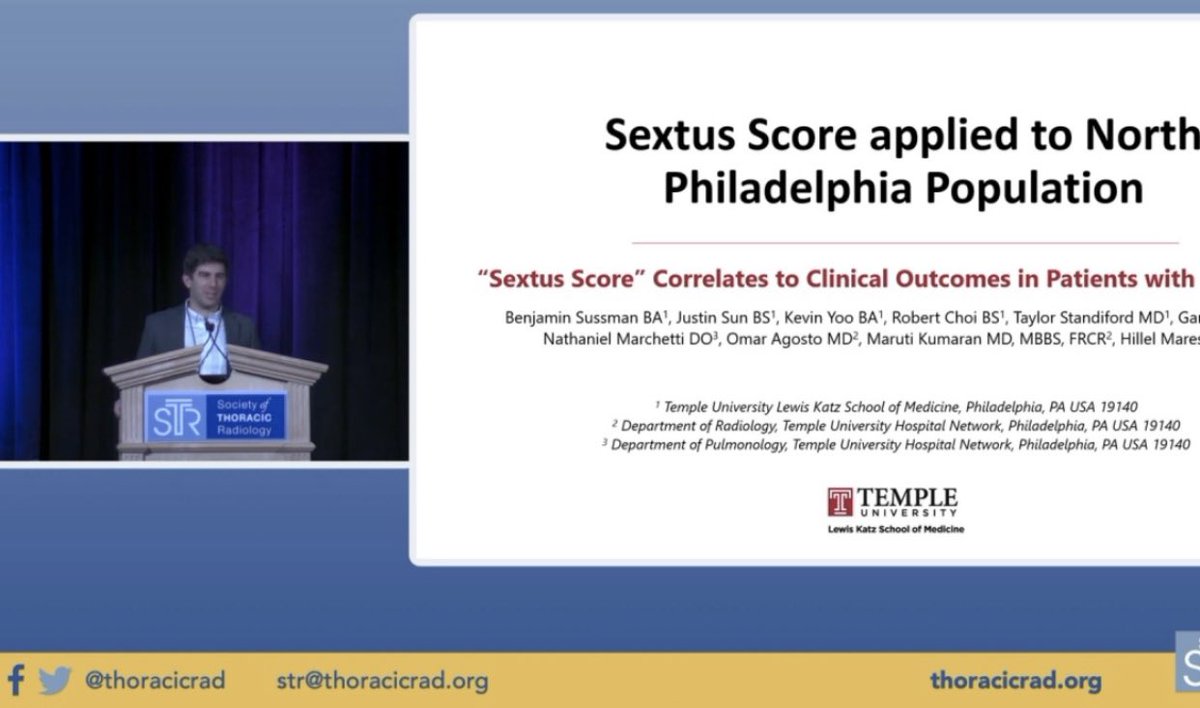 TempleChestRADs's tweet photo. What happens in Vegas? “Sextus Score applied to North
Philadelphia Population” presented at @thoracicrad #STR2022 by our very own Benjamin H. Sussman, Temple built #templestrong. Congrats @SussedOut18 & can’t wait for you to join our amazing residency program @TempleRadRes ! https://t.co/fV4DB1I8lR