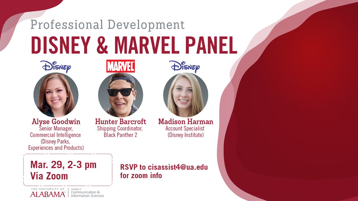 Like Walt Disney said, "If you can dream it, you can do it!" 🏰 ✨Reserve your spot today for the Disney and Marvel professional development panel to hear from current employees about their experience working on these dream teams! RSVP to cisassist4@ua.edu for access to the Zoom.