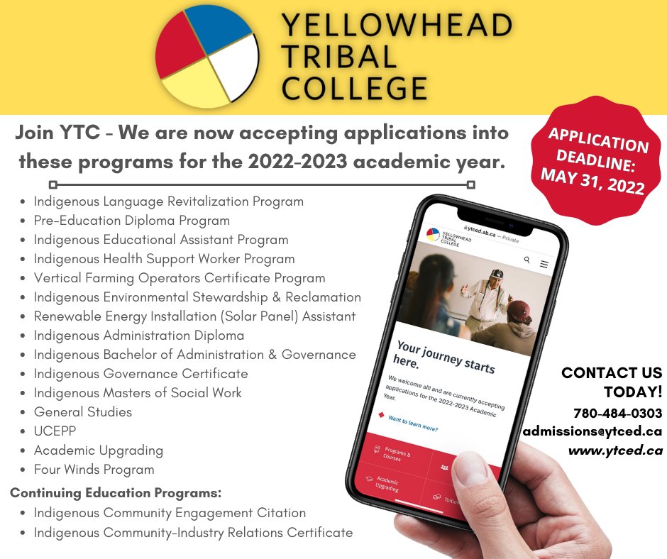 REMINDER - The deadline to apply to YTC for the Fall 2022 semester is May 31st, 2021!

📍Questions? call 780-484-0303 or email admissions@ytced.ca

📍Apply now at: ytced.ab.ca/admissions/how…

#yellowheadtribalcollege #ytced #ytcedstudent #ApplyNow #fall2022 #education