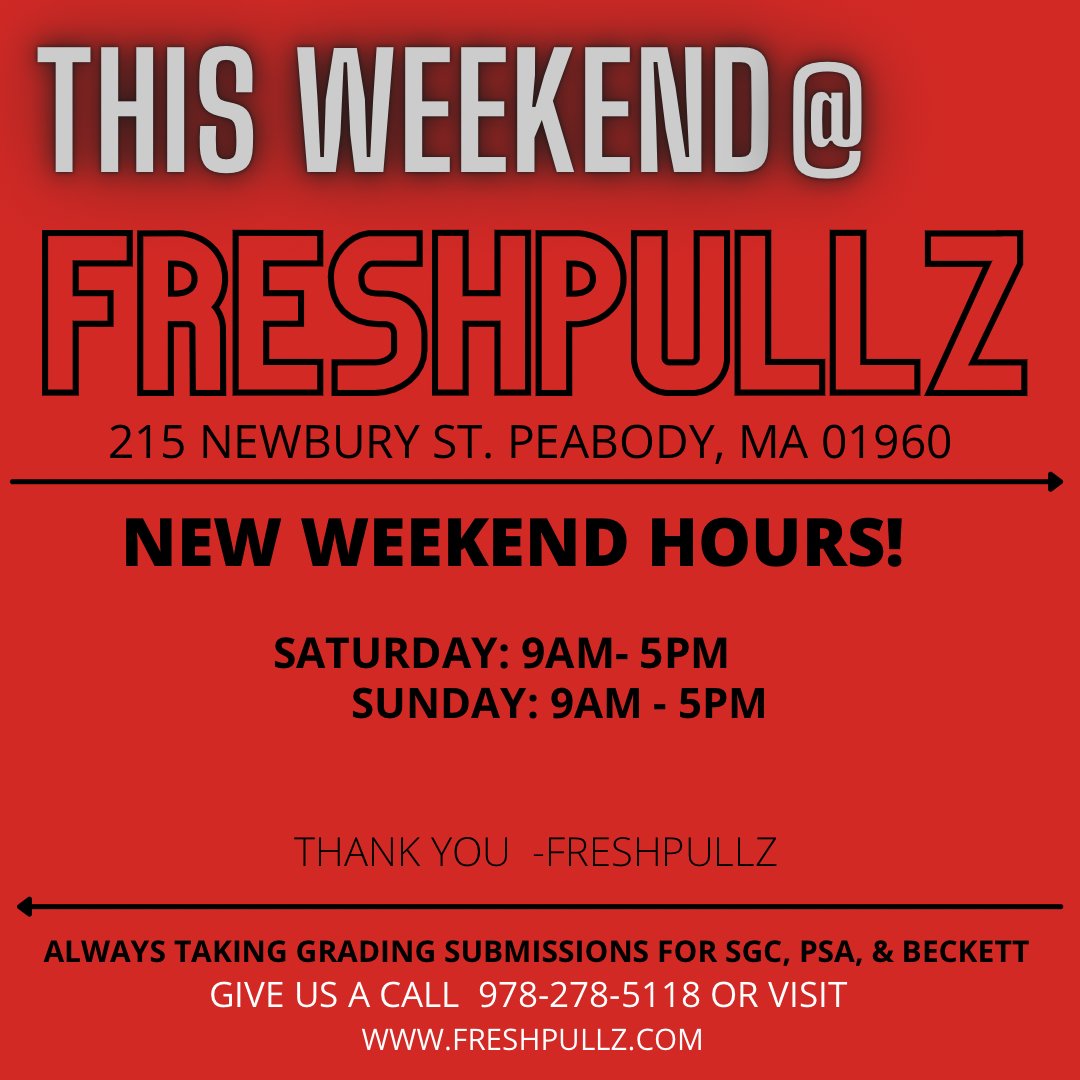 freshpullz's tweet photo. This weekend at FRESHPULLZ! We will be open Saturday & Sunday from 9AM to 5PM
We hope you stop by!
#FRESHPULLZ #SPORTSCARDS #SHOP #PEABODY #MASSACHUSETTS #FRESHFAM #FRESHFAMILY #WHODOYOUCOLLECT https://t.co/ACIRkw59zy