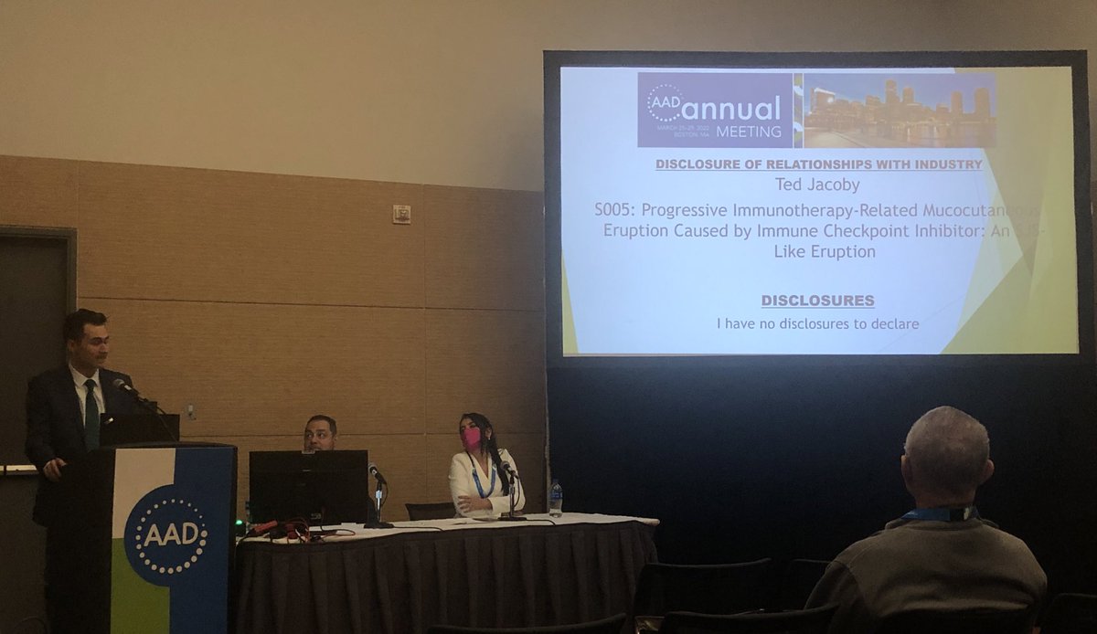 DrStevenTChen's tweet photo. Amazing job by my research fellow, @tjacoby7, presenting a case of SJS-like eruption (aka PIRME) from immune checkpoint inhibitors, representing his co fellows @nishi_shah_ and @MariaAsdourian! This amazing research team continues to amaze me with their accomplishments! #aad2022 https://t.co/23xjr5q2qF