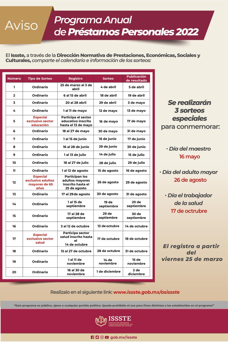 PrestamoIssste's tweet image. #IsssteInforma
Te compartimos el calendario e información del Programa Anual de #PréstamosPersonales 2022.
Adicionalmente, checa toda la información al respecto en este enlace: 👇
🔗 bit.ly/3NpnThu