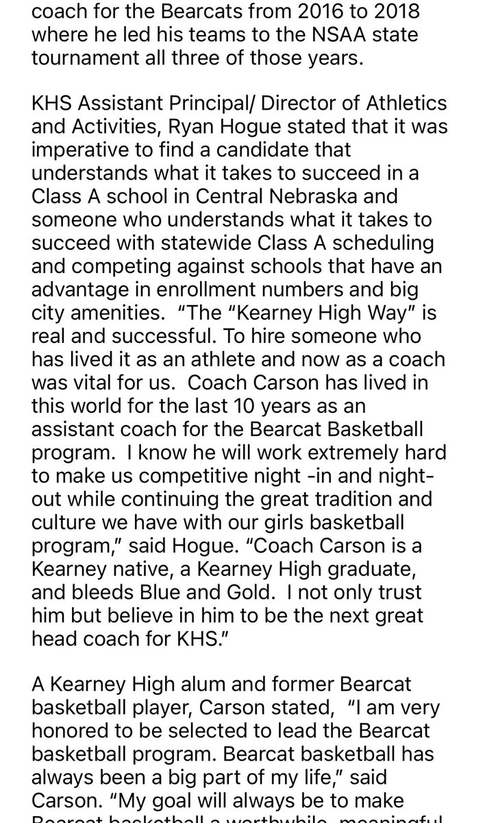 ryanhogue24's tweet photo. 🚨 ATTENTION BEARCAT NATION! CONGRATS Coach Carson. JD has a GREAT plan for the future of Kearney High Basketball and will work hard to accomplish all of his teams goals now and in the future. Great Day to be a Bearcat! #BearcatPride @KearneySchools @KearneyHigh @KHSBoosterClub https://t.co/gfcJG8WYoT