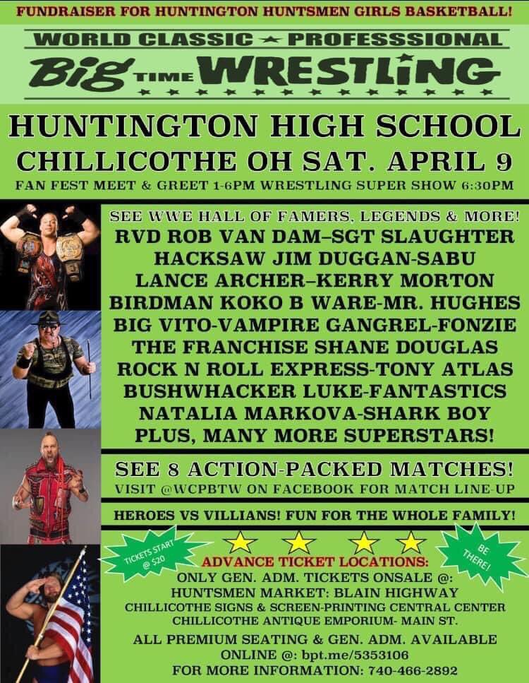 SAT APRIL 9th! 
World Classic Professional Big Time Wrestling presents Lightning Strikes Twice SAT April 9th Chillicothe OH @ Huntington HS!
Fan Fest 1-6pm, Super Show @ 6:30pm! 
Special fundraiser for Huntington HS Basketball! Tix start @ $20, get tix @ m.bpt.me/event/5353106!