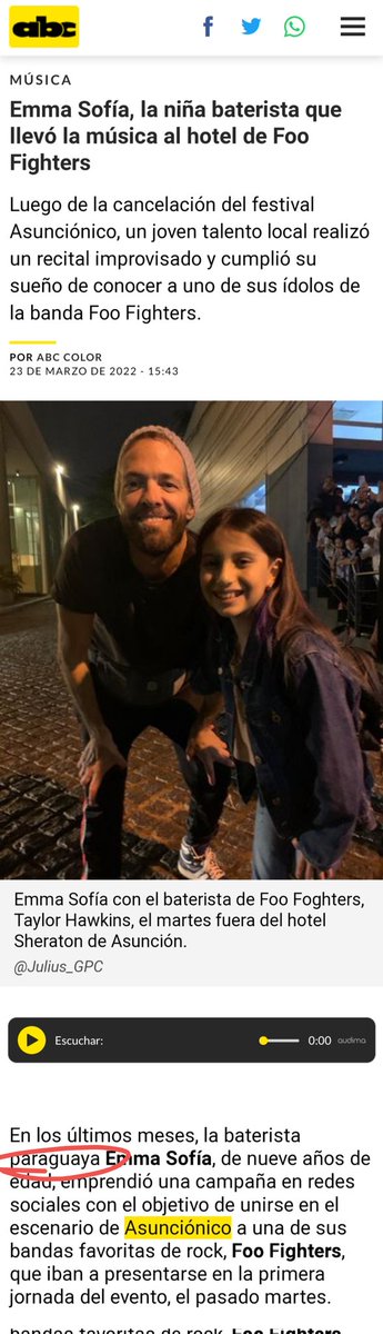 AbogadoDijo's tweet photo. Según Clarín la nena baterista Emma es argentina, tocó afuera del hotel Sheraton de capital y conmovió al baterista de Foo Fighters, Taylor Hawkins, quien bajó a saludarla.
-Todo eso ocurrió pero en Paraguay-
Imagínense como los medios de comunicación nos mienten con otras cosas. https://t.co/Uh0BfU6hxS
