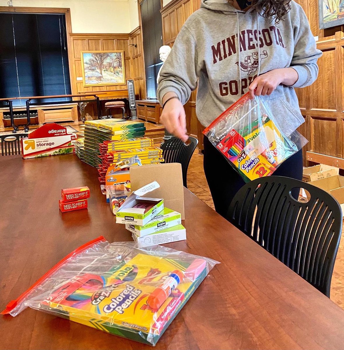 Intern Hannah Coble spent yesterday assembling the Young Artist Take-Home kits at the museum! These kits were designed to promote conversation between kids and their adults about the history of school desegregation using Minneapolis’ own history of the Hale-Field. ComingApril1st!