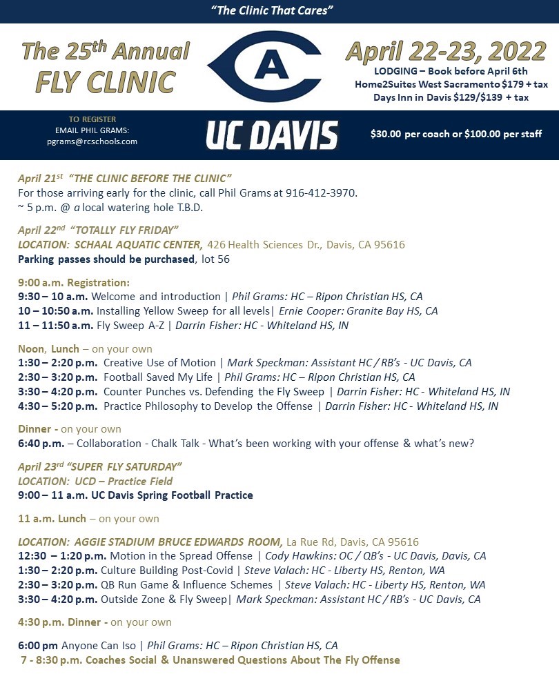 rcflycoach's tweet photo. We are less than a month away from the 25th annual Fly Clinic!   This is the revised schedule. See you soon! @MarkSpeckman @RCknightsFB @RCKnights #flysweep #flyoffense https://t.co/BG7FBRdYj7