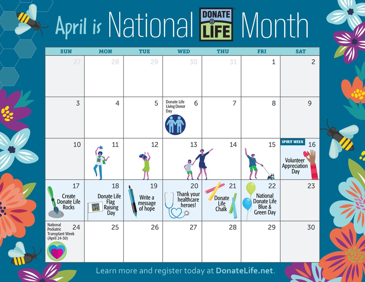 DonateLife's tweet photo. National #DonateLifeMonth starts in April! Here is a calendar with key dates and ways you can join all month - this year's theme is #BeeADonor🐝💙💚 buzz over to https://t.co/YqeHMupDY9 for more info &amp; resources! https://t.co/BOfLYTgRLo