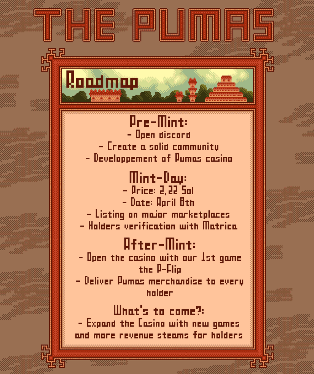 RT, Like and follow <a href="/ThePumasNFT/">The Pumas</a>  for a chance to win a #Whitelist spot!

Finally the #roadmap is public!👀🚀

Casino, Merch and Much more to come!

More details on discord!
discord.com/invite/thepumas

#Solana #SolanaNFT #NFT #NFTdrop #NFTCommunity  #WhitelistGiveaway #NFTGiveaway