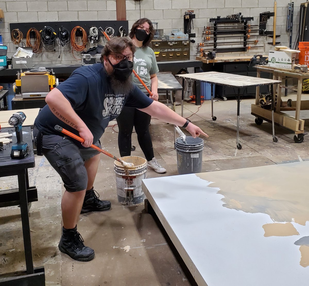 EMUTheatre's tweet photo. Happy weekend friends! We're on the road to opening for "The 25th Annual Putnam County Spelling Bee." Check out some pictures of the hard work being done in the scenic studio as we lead up to tech week! #EMUTheatre #SpellingBee #ScenicStudio #Crew #ThankYouBack https://t.co/5GcvGEprLj