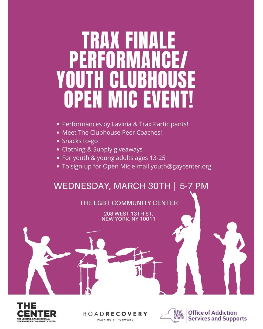 YVMNY's tweet photo. Come join The Center's Youth Clubhouse & Road Recovery in an open mic event on Wednesday, 3/30 from 5-7 PM at The LGBT Community Center. For more information please contact at youth@gaycenter.org
#YVM #TheCenter #LGBTcenterNYC #FORNY #recovery #OASAS #youthrecovery #roadrecovery https://t.co/r5aXpsvWk4
