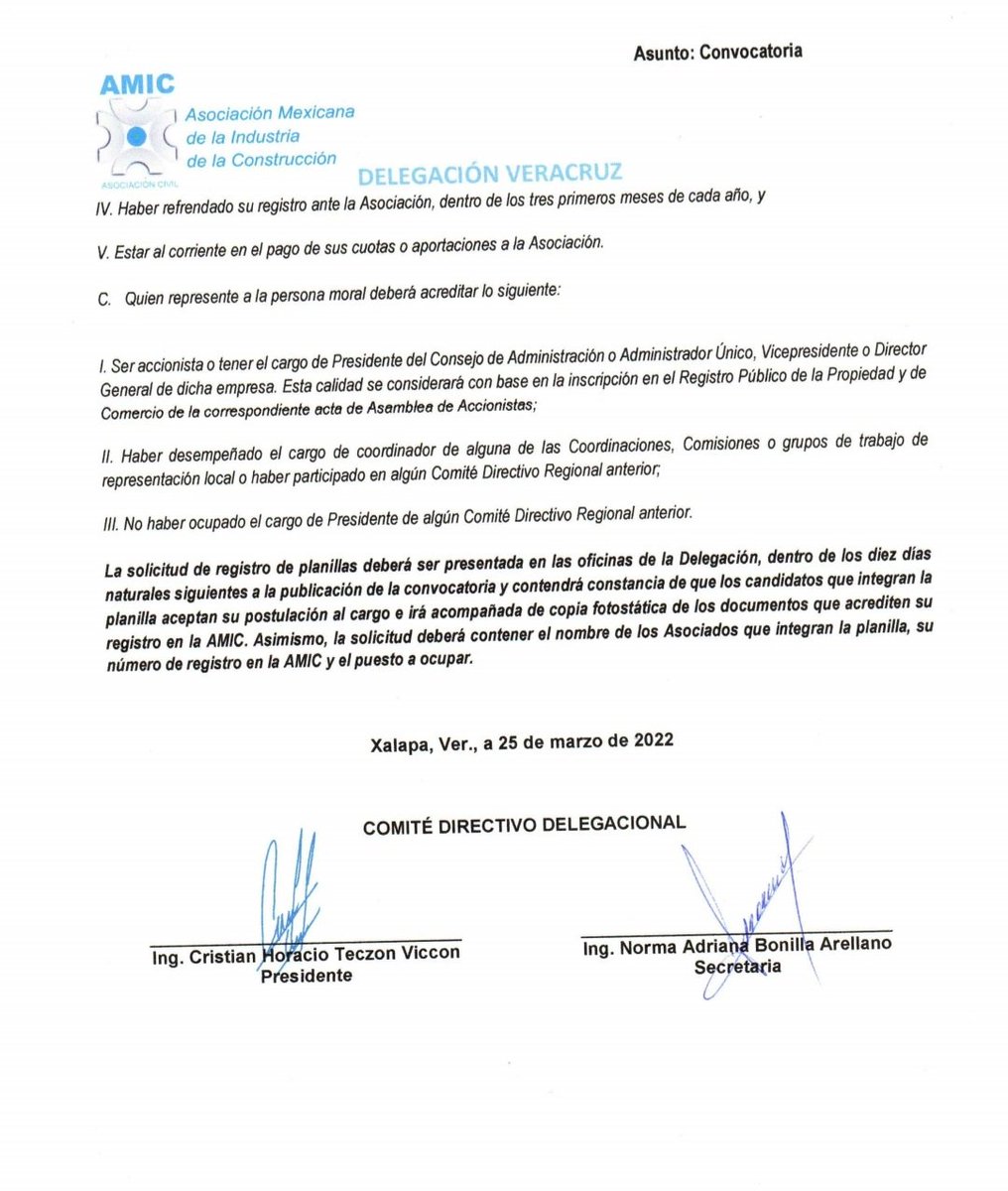 #AMICVeracruz informa de la #CONVOCATORIA para la “RENOVACION DEL COMITÉ DIRECTIVO REGIONAL DEL #PUERTODEVERACRUZ DE LA ASOCIACION MEXICANA DE LA INDUSTRIA DE LA CONSTRUCCION A.C.”.

Mayores informs al correo:

gerencia@amicveracruz.org
