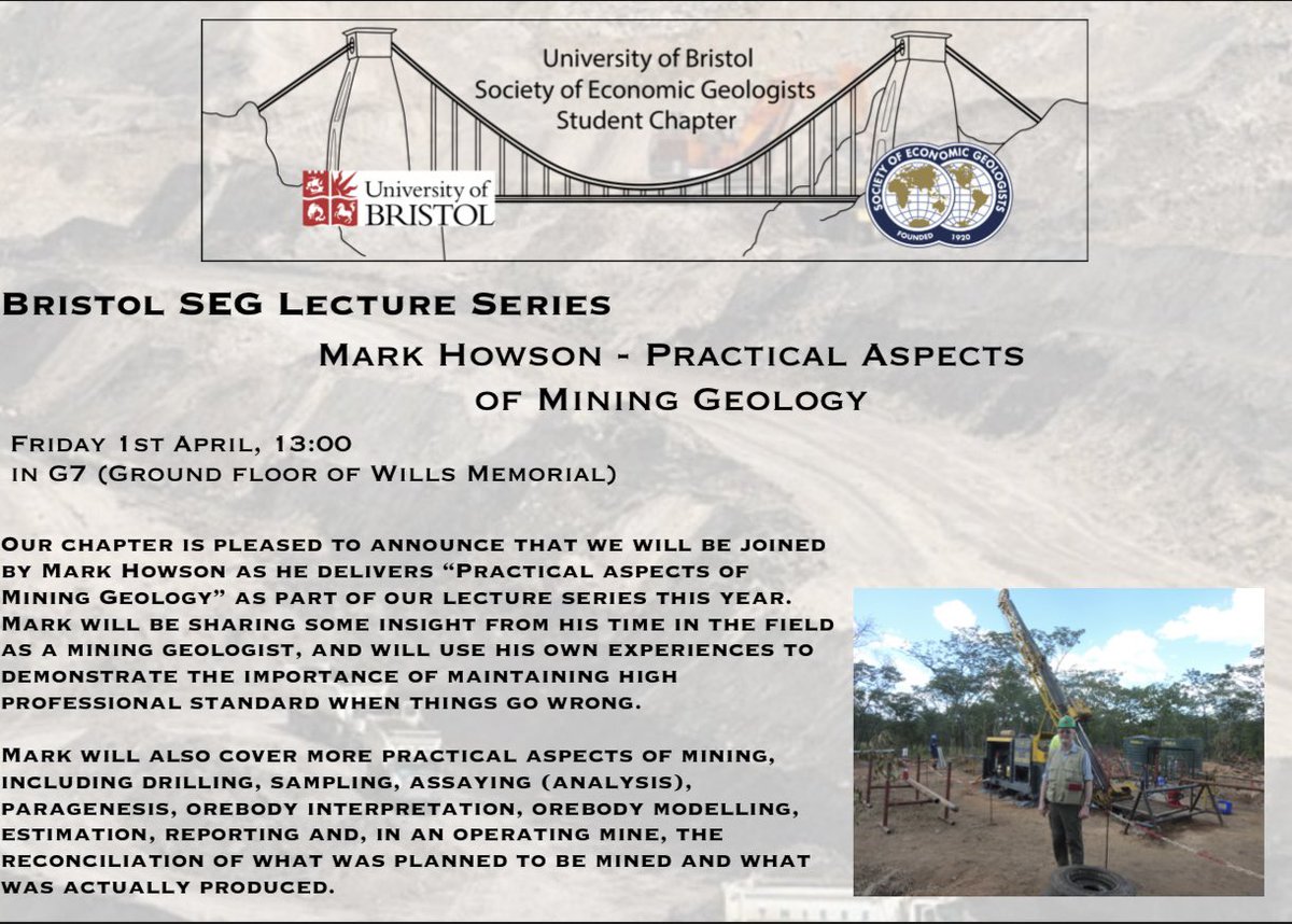 Join us next Friday as Mark Howson delivers “Practical Aspects of Mining Geology”. Mark will also share case studies from his own time in the field to demonstrate why mining geologists must always demonstrate good practice - especially when things go wrong. Friday at 13:00 in G8!