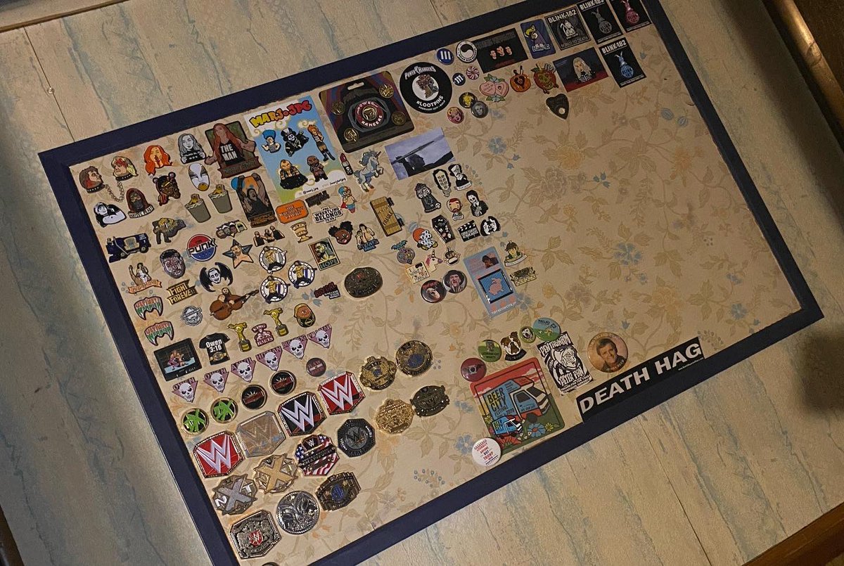 SporadicJills's tweet photo. I decided to revamp my pinboard then hang it somewhere proper. #enamelpins #wrestlingpins #bandpins #randompins #collections #revamp https://t.co/VHosboF3oK