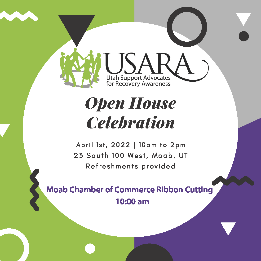 ICYMI: We opened a Recovery Community Center in Moab! Join us at 23 S 100 W, Moab, UT on Friday, April 1, 2022 for an open house celebration from 10 AM - 2 PM. Moab Chamber of Commerce will conduct a ribbon cutting ceremony at 10 AM. Hope to see you there!