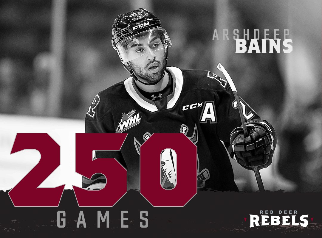 Tonight marks #WHL game #250 for Rebels forward and <a href="/Canucks/">Vancouver Canucks</a> prospect Arshdeep Bains!

Since making his Rebels debut Dec. 15, 2017, the Surrey, BC native has piled up 191 points - good for 10th most in team history!!

Congrats, Arshdeep!!!

#RDREBELS #WHL