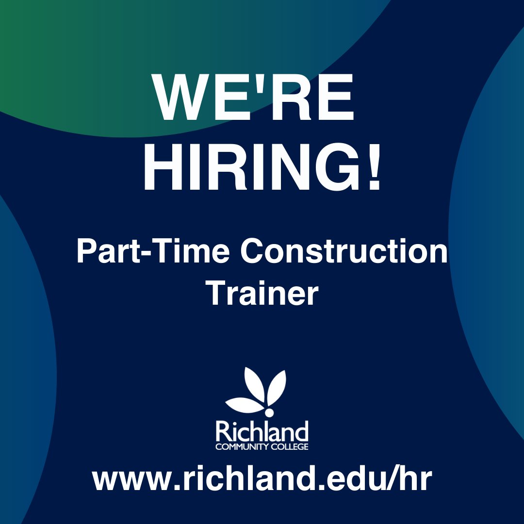 We are seeking part-time trainers in individual construction crafts or someone knowledgeable in multiple crafts who can relate with diverse populations at all skill-levels to teach the basics of the construction industry. Visit richland.edu/hr for details.