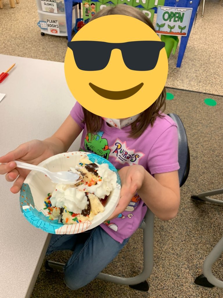 MrsHensonOPS's tweet photo. We earned a class party for filling up our sparkle jar. The class voted on ice cream sundaes! It was so fun! Thanks to @microssman5 for helping scoop ice cream while I did toppings duty! 🙂💕🍨 #Kinder #CSCardinal #OPSMomentsThatMatter https://t.co/ldZRnEHMU6