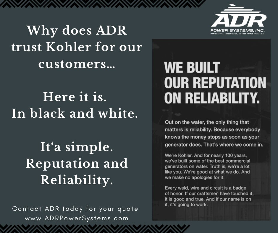 ADRPowerSystems's tweet image. Reputation and Reliability. 2 qualities that are nonnegotiable. Contact #ADRPowerSystems today for your quote!
.
.
#kohlermarine #kohlergenerator #marinediesel #marineshop