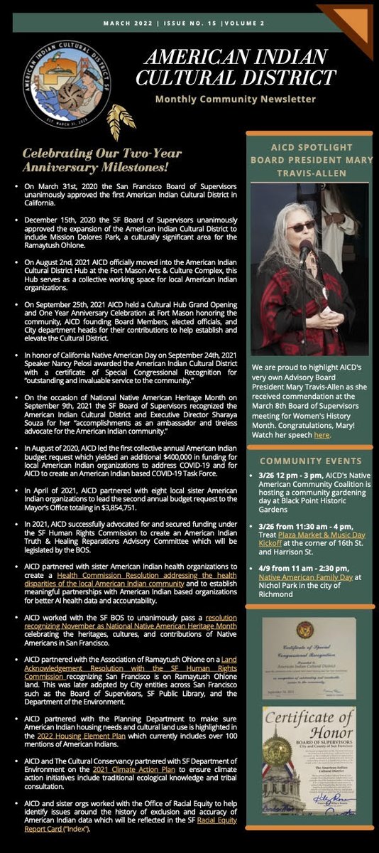aicdsf's tweet image. Happy Women’s History Month! We are excited to share our special monthly newsletter highlighting our  Two-Year Anniversary milestones. Thanks to all who supported and partnered with us over the last two years! bit.ly/3JI7JgS
#AICD  #IndigenizeSF #WomensHistoryMonth