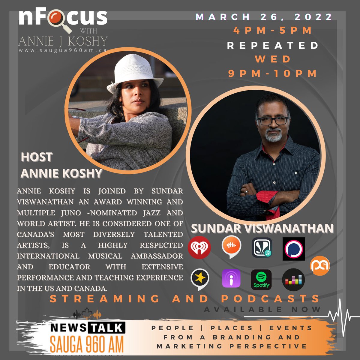 sauga960am's tweet photo. Join Annie on #Saturday March 26, 2022, from 4-5pm for #nFocus with @GTASAMN on @sauga960am as she is in conversation with Sundar Viswanadan, an award winning and multiple JUNO -nominated jazz and world artist, and as one of Canada's most diversely talented artists, a highly https://t.co/Lc1ahnGngf