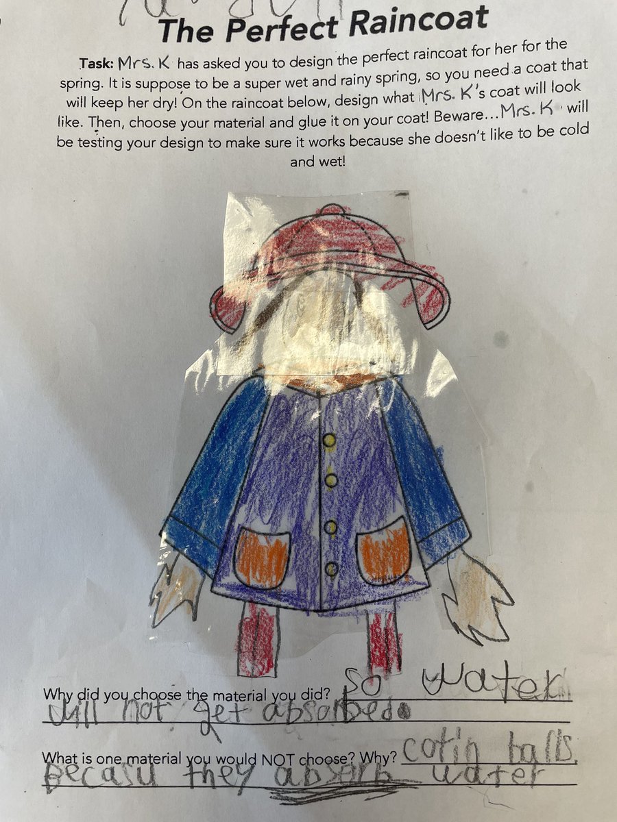 MrsKelndo's tweet photo. 2K applied what they learned about absorbency and chose suitable materials to design a rain jackets to keep Mrs.K dry on a rainy day! #liquids #absorb #repel #grade2 @PrairieWaters https://t.co/FKURnWOJqz