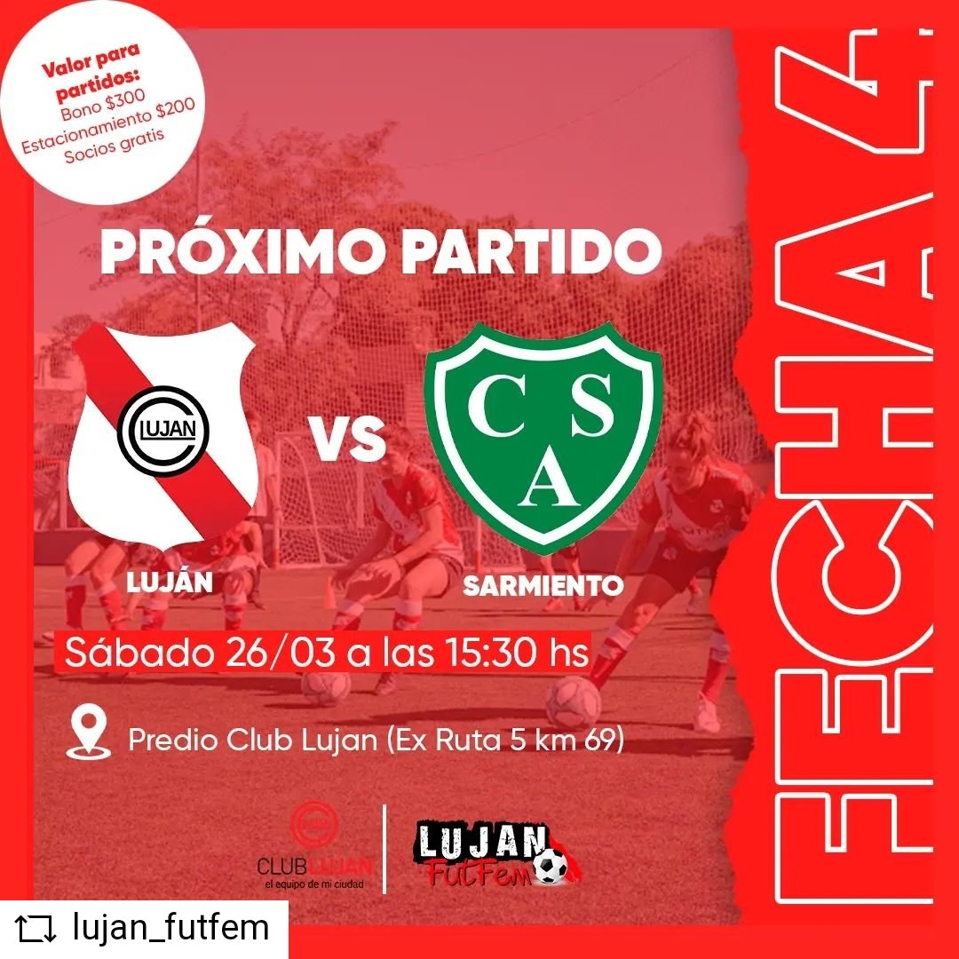 ClubLujan_Ok's tweet photo. ¡JUEGAN LAS LUJANERAS! ⚽️

Luján 🆚️ Sarmiento

🗓 Sábado 26/03
⏰ 15:30 hs 
📍Predio Club Luján (Ex Ruta 5 Km 69) 
🎫 Bono $300
🚗 Estacionamiento $200
👉 Socios gratis 

#ClubLuján ⚽🆑
#ElClubDeTodos https://t.co/NIWy8b7VD2