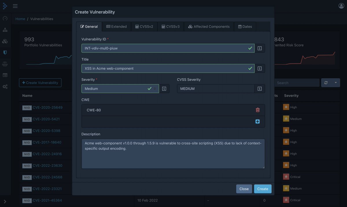 DependencyTrack's tweet image. Coming soon to #OWASP Dependency-Track v4.5:

Maintain a private vulnerability repository allowing orgs to identify vulnerabilities, known only to that organization, in internally developed components.

Quickly discover where vulnerable internal components are used.

#SBOM