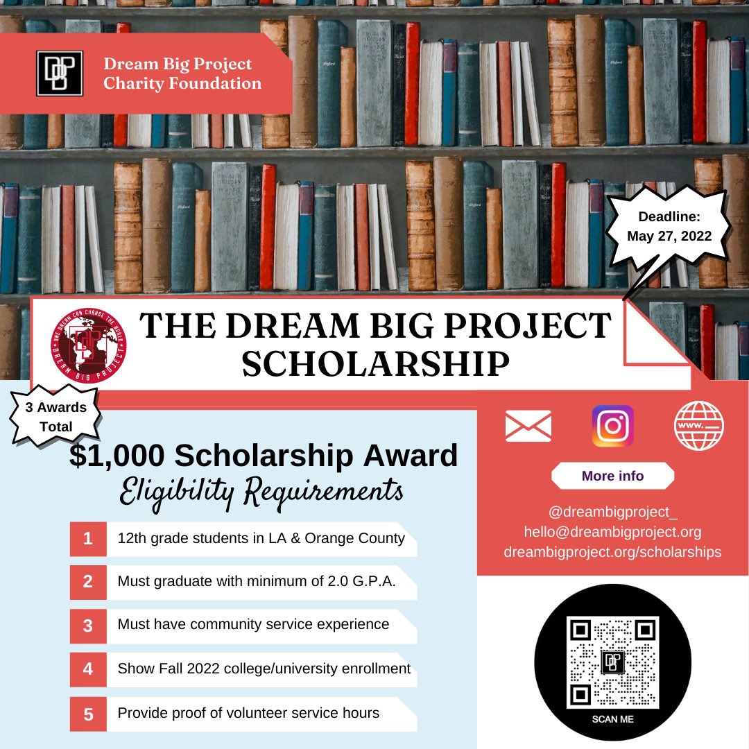 TeamDBP2014's tweet photo. Attention high school seniors! Do you plan on attending a community college or 4-year university this upcoming Fall? Have you been an active volunteer? If so, #DreamBigProject wants to help you pay for your higher ed tuition! Our 2022 scholarship application is now open! https://t.co/U7h0f6v7jv