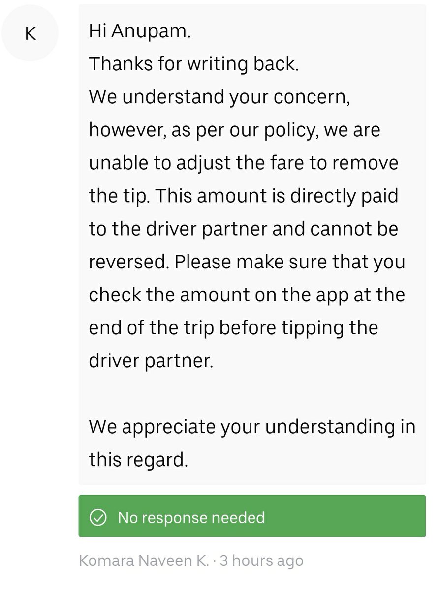 ABJAnupam's tweet photo. @Uber @UberINSupport @Uber_Support Forced tip payment recovery from new ride booking. No action since last 48 hours and reason being told as company policy restrictions. Please address this concern ASAP. @hpymirror https://t.co/y3CrsPqNcR