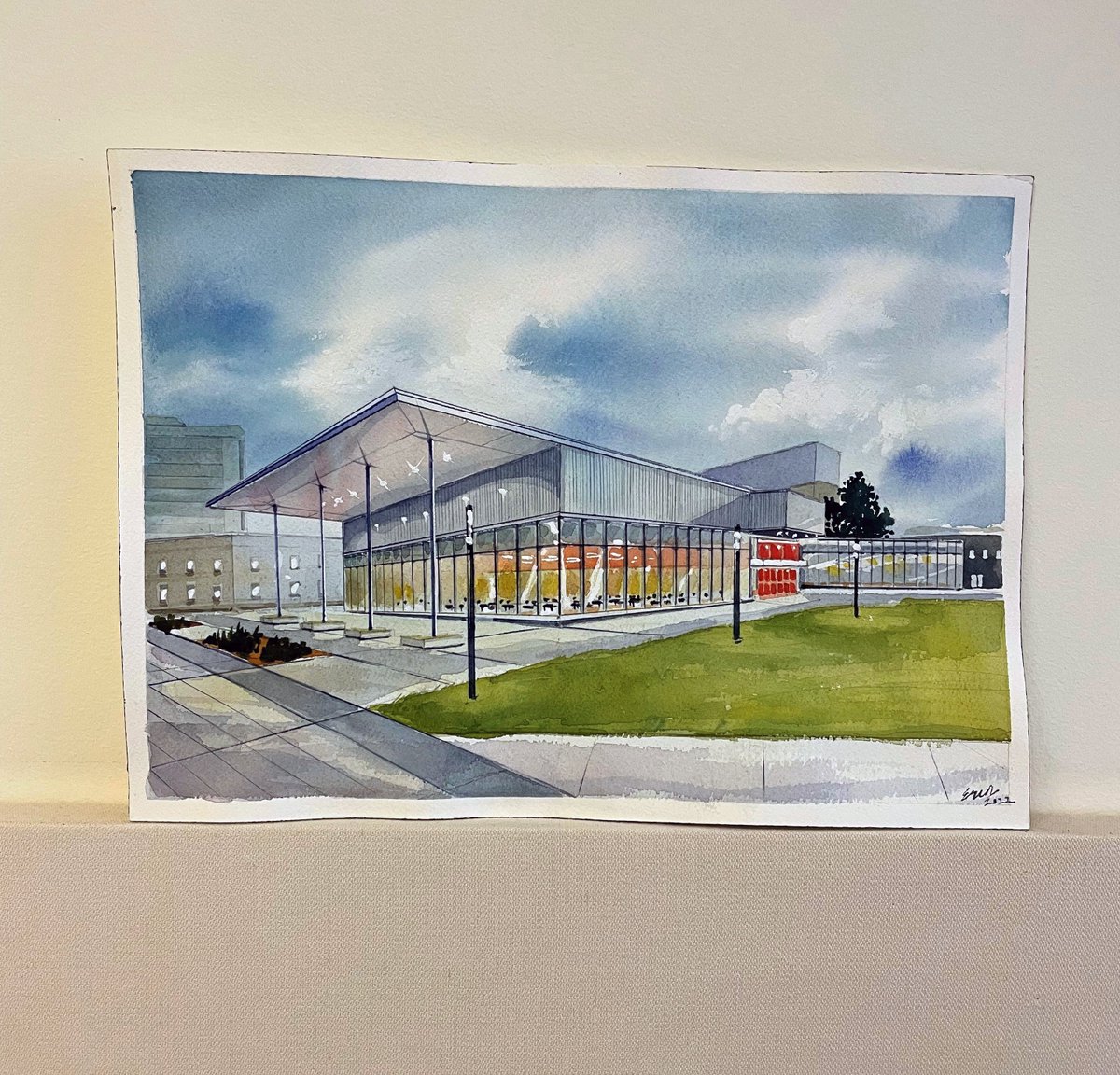 An awe inspiring watercolour painting of the <a href="/SenecaCollege/">senecacollege</a> Newnham Campus Food Hall addition by Ernest Wong. #senecaproud #architecture #design #painting #watercolour #seneca #taylorsmyth