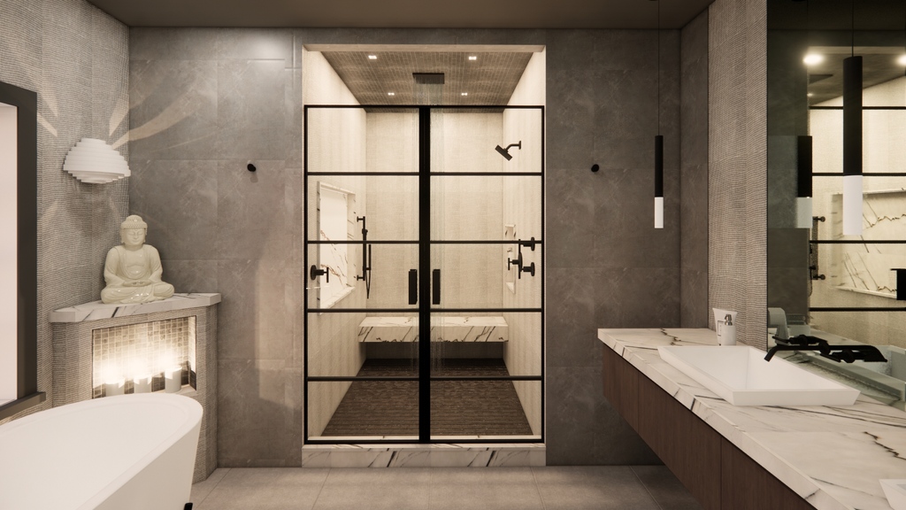 Dream bathroom rendering of a master shower featuring a dark teak floor that mirrors the dark ceiling with an illuminated marble niche for additional ambient lighting.