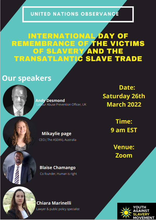 In commemoration of the victims of slavery and the transatlantic slave trade, We mark this year's remembrance as we host a high-caliber panel discussion. 

Zoom Link: buff.ly/3JJzXHV
Meeting ID: 863 787 1466
Passcode: 1GsfPJ

#YASM #Slave_Trade_Abolition #freedom #J_1