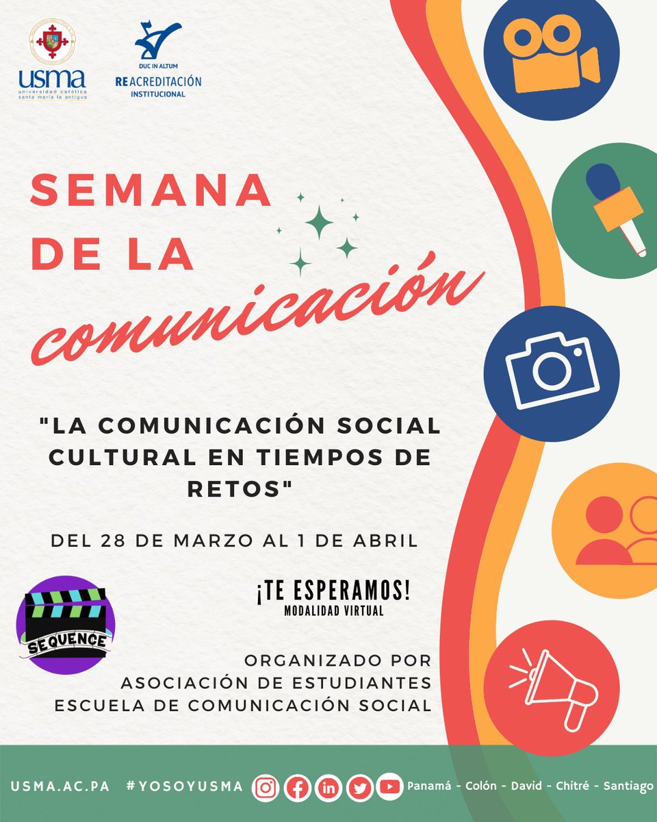 Prepárate para una semana llena de aprendizaje con expertos en comunicación cultural. 🙌🎙️
¡Te esperamos! #YoSoyUSMA #COSOSUSMA 

Clic para registro:bit.ly/3tEkbZm