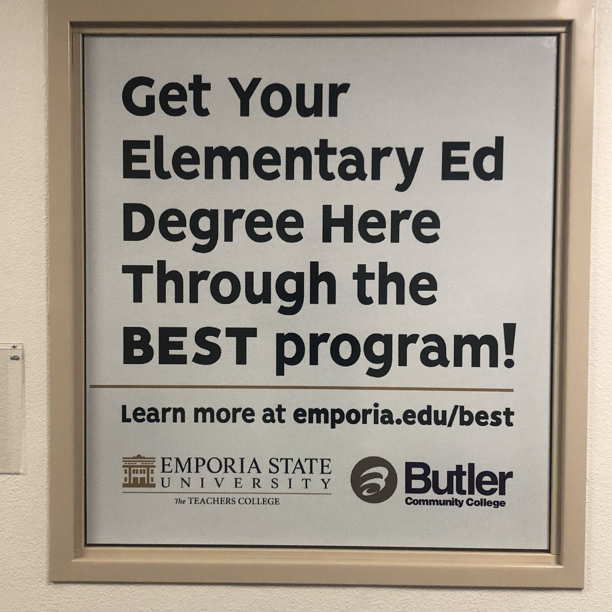 Absolutely loving our window wrap that helps to promote our amazing partnership between <a href="/butlercc/">Butler Community College</a> &amp; <a href="/emporiastate/">Emporia State Univ.</a>. Students wanting to stay close to home or unable to move away can still receive a high quality education w a smooth &amp; seamless transition from #buconation 2 #esu!