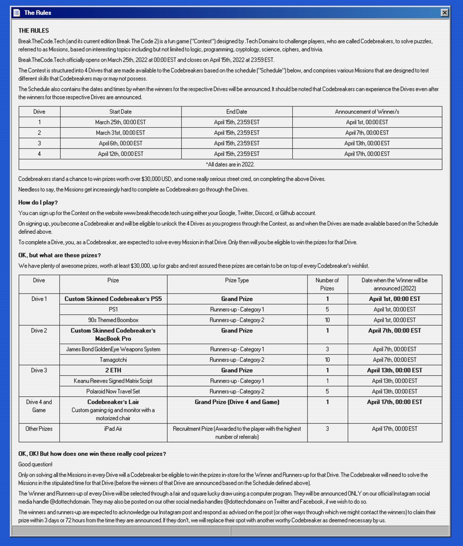 آقا یه مسابقه بامزه‌ی اینترنتی هست به اسم Break The Code 2 که گویا امروز شروع شده (۲۵ مارس) و مدل کارآگاهی‌طور داره تحت یه محیط ویندوز ۹۸طور (تو برازر):
btc2.tech/nODyGo

قوانین/جوایز: breakthecode.tech/rules

لینک معرفی تو بلاگِ گیت‌هاب: github.blog/2022-03-25-unl…

#ریتوییت