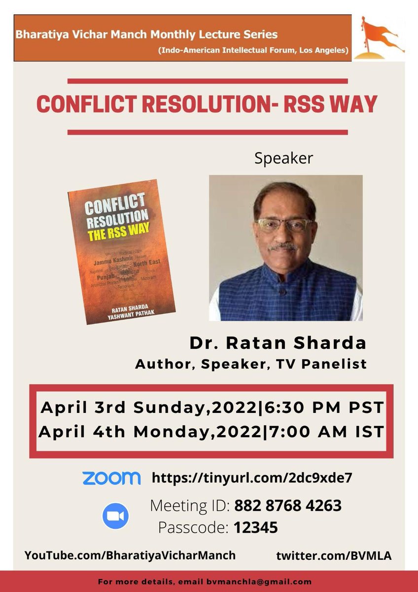 BVMLA's tweet photo. Conflict Resolution - The RSS Way by  distinguished writer Dr. @RatanSharda55. 
Time: Sunday Apr 3, 2022 06:30 PM Pacific Time (US and Canada)

Monday Apr 4, 2022 7:00 AM India

Zoom Meeting
https://t.co/RtOle4MFla https://t.co/HkCSEgIgFr
