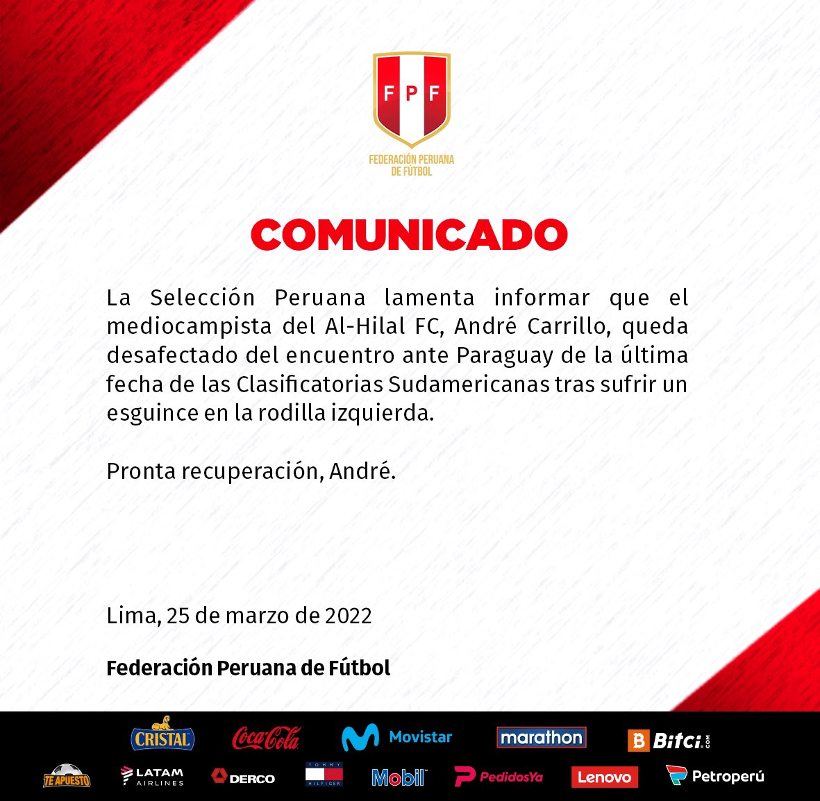 SeleccionPeru's tweet photo. #ComunicadoFPF 🇵🇪 https://t.co/Al4Z0hQfnK