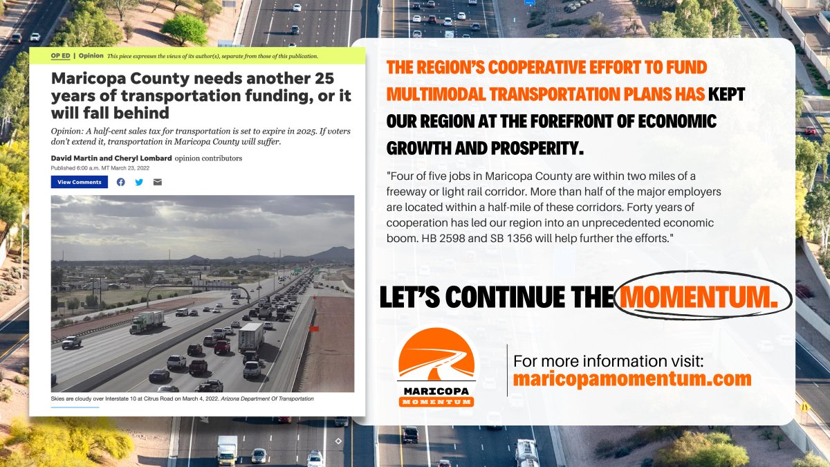 The half-cent voter-approved sales tax that has helped pay for roads, freeways &amp; transit needs in Maricopa County for nearly 40 years is about to expire. #AZ business leaders say to keep up with our region's momentum we need to re-up this investment➡️ bit.ly/3wstEF7.