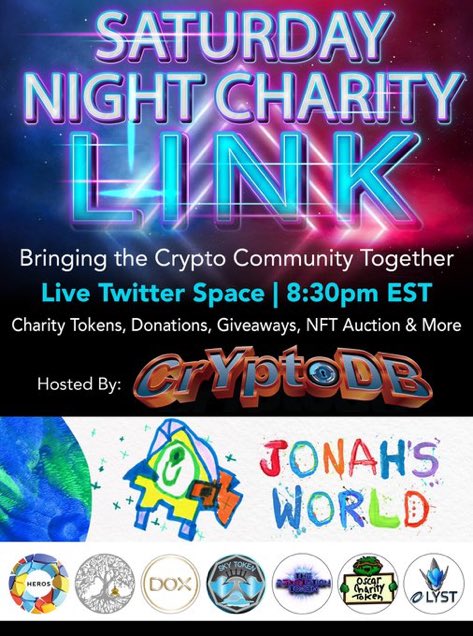 Join us LIVE This Saturday at 830 pm EST 🔥 7 projects all in one space to bring the community together and host a charity event and  NFT auction for <a href="/jonahsworld7/">Jonah’s World 👨‍👩‍👦 🚗 🦅 🎨 💖</a> to support his Therapy sessions 💪