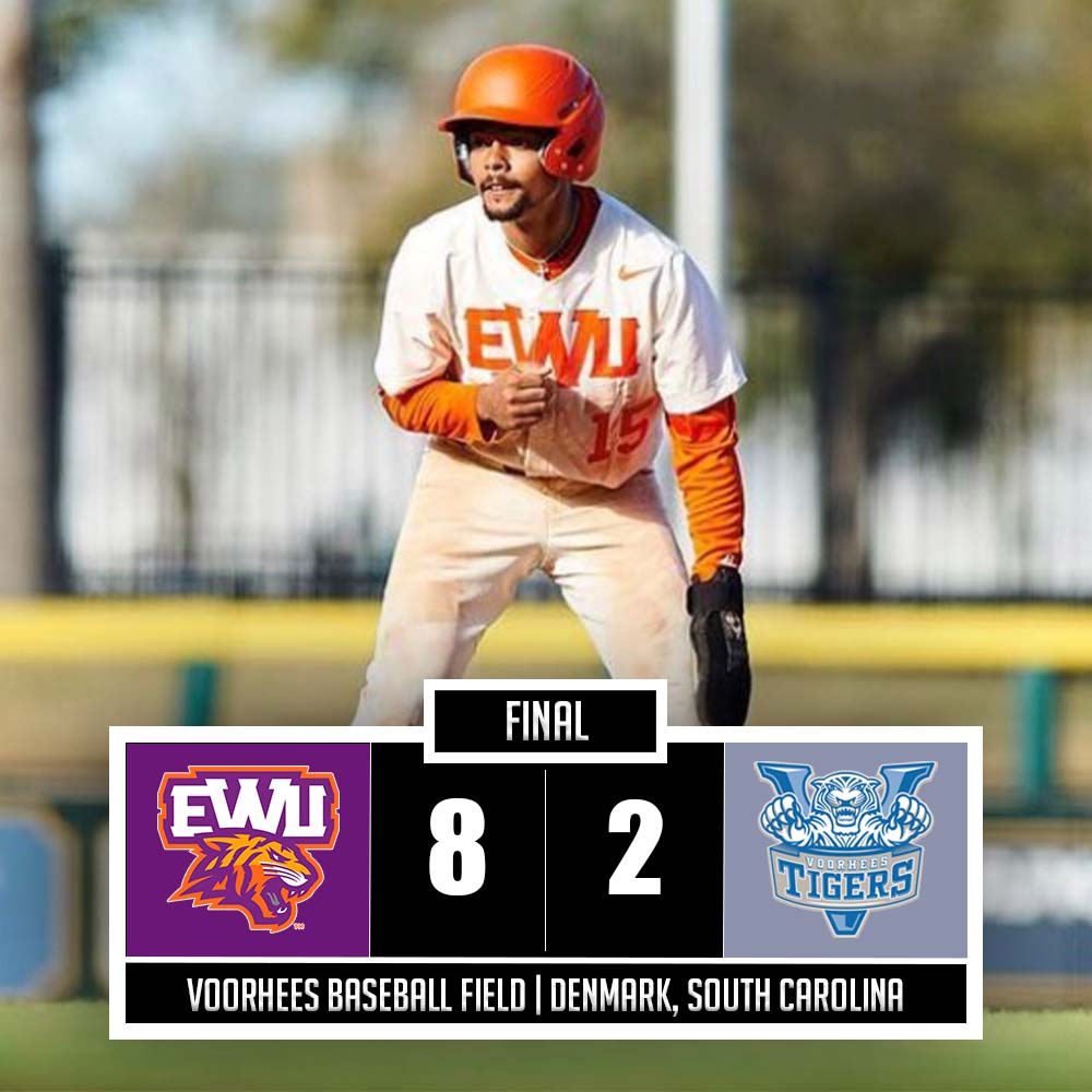 EWU_Athletics's tweet photo. Great start to the series for #EWUBSB with a six run victory over @VoorheesCollege. Tigers wrap things up with a DH tomorrow starting at 12:00pm. #RYSEWU #TigerPride!🐅⚾️ https://t.co/Q3va3o8tXw