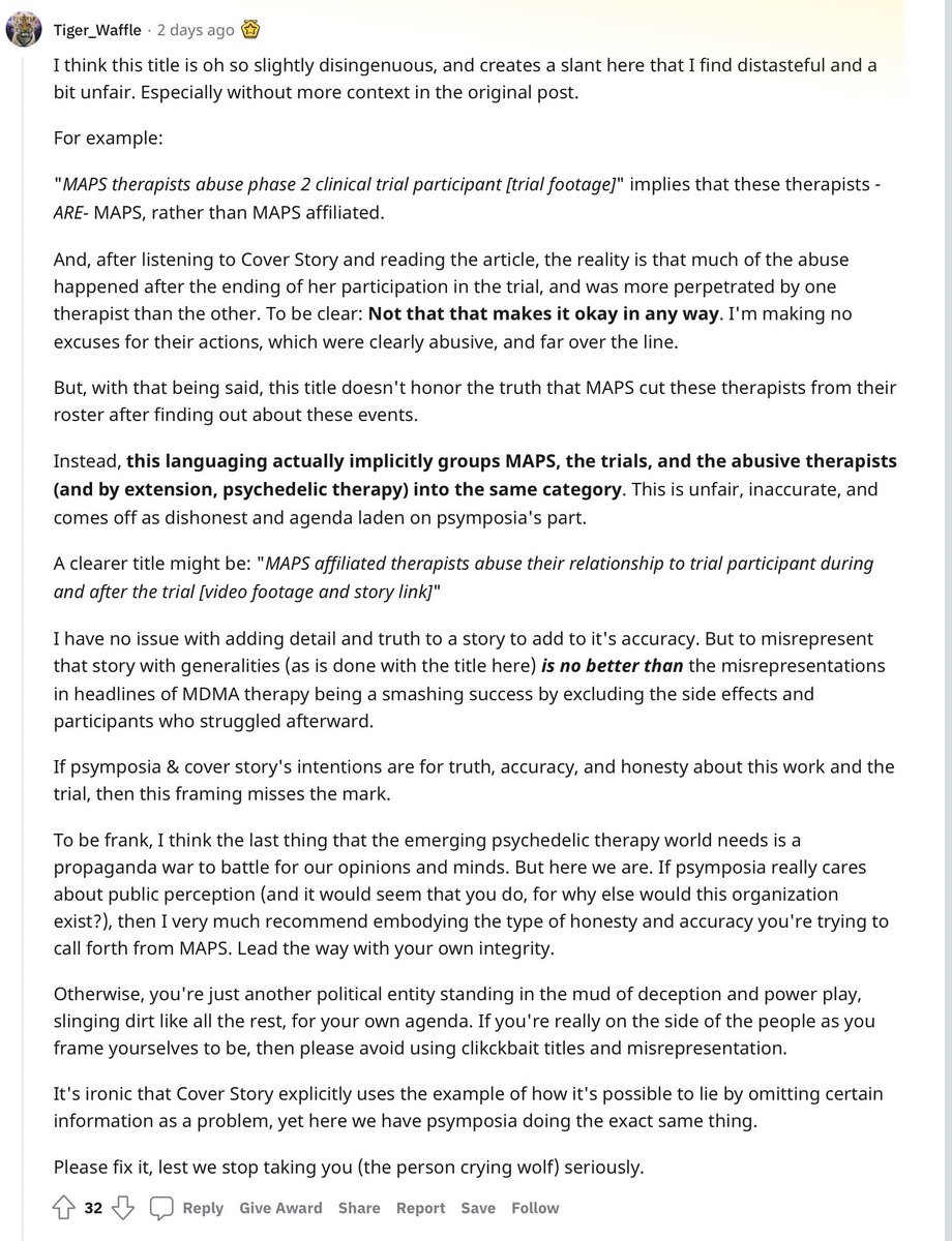 <a href="/RickDoblin/">Rick Doblin, Ph.D., of MAPS</a> Another good take over on reddit reddit.com/r/PsychedelicT…