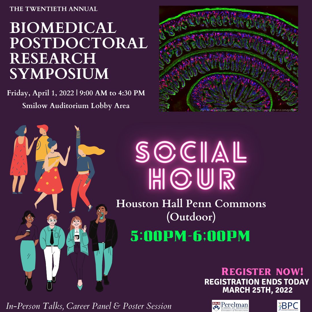 PennPPA's tweet photo. Hi #PennPostdocs!
It's the last day to register for the 20th Annual BPC Symposium.
See you all on April 1st for the Happy hour after some scintillating talks, poster, and career panel sessions!🥳
#UPennBPC #BPCSymposium22 #postdocs https://t.co/00iHYbK0l5