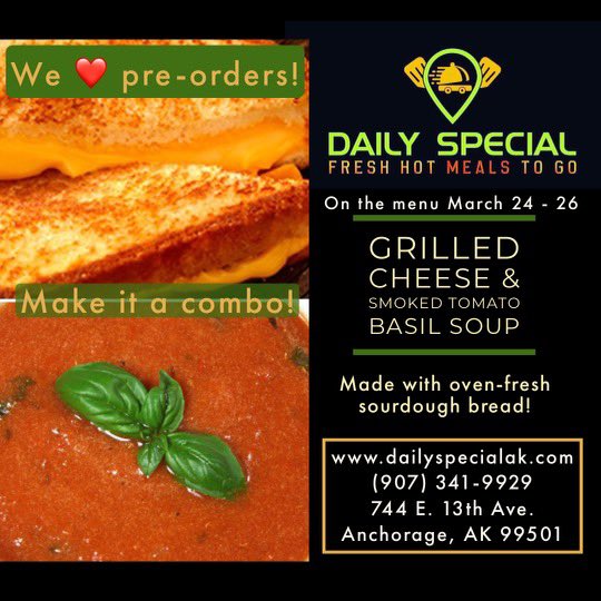 DailySpecialAk's tweet photo. Today at Daily Special #Anchorage #foodie #cheflife #vegan #vegetarian #carnivore #Delivery https://t.co/0UpB918pFU