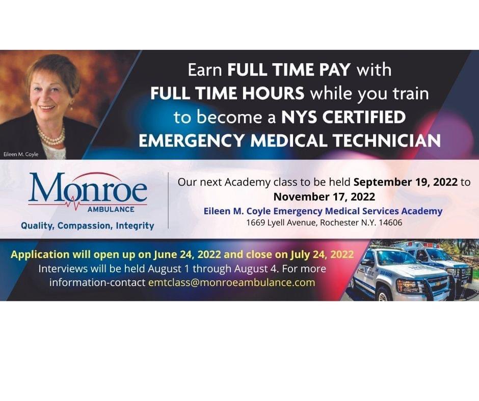 MonroeAmbNY's tweet photo. Our last two Academy classes have been so successful we are doing it again. This fall we will holding our next "Earn While You Learn" Academy class. Application will open on June 24th and interviews will be held 8/1 through 8/4.
#earnwhileyoulearn #academyclass #ems https://t.co/zt2Dul6VwI