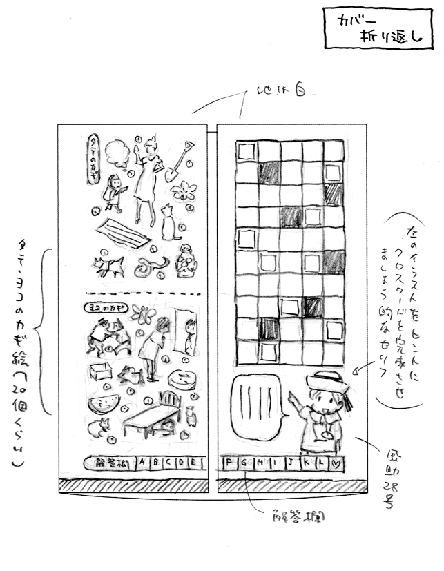 【宣伝2】
今回はカバー折り返し用にクロスワードパズルを作りました。ヒントが絵だけなので難易度が高いらしく、事前にやってみた担当氏からは理不尽だ納得できないという声が届いております。紙書籍、電子書籍版ともに収録されてます。 