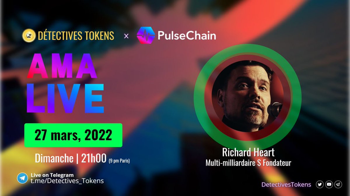 DetectiveToken's tweet photo. 🔸AMA - Richard Heart🔸

✅ Participer:

⏩ Follow: @DetectiveToken &amp; @RichardHeartWin

🔄 Like &amp; RT

🔀 Tag vos 2 influenceurs #Crypto Favoris

➡️ Rejoindre Telegram: https://t.co/UABjjL6o5H

#Bitcoin #BTC #BNB #ETH #Cryptocurrency #DeFi #NFT #altcoin #x1000GEM #PulseX #HEX https://t.co/BmR7KcCiDh