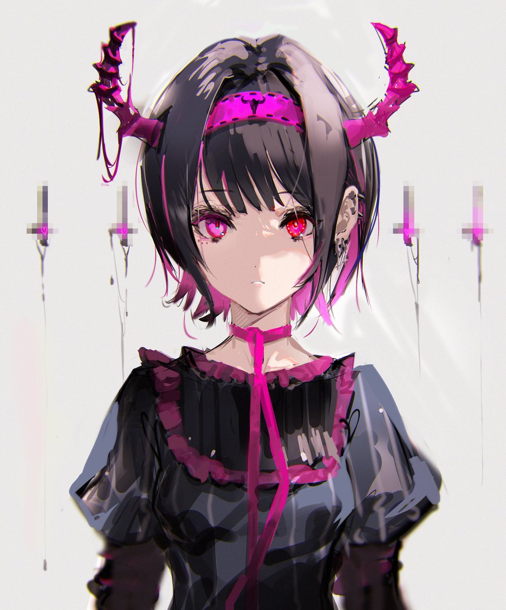 1girl horns solo black hair short hair looking at viewer pink hair  illustration images